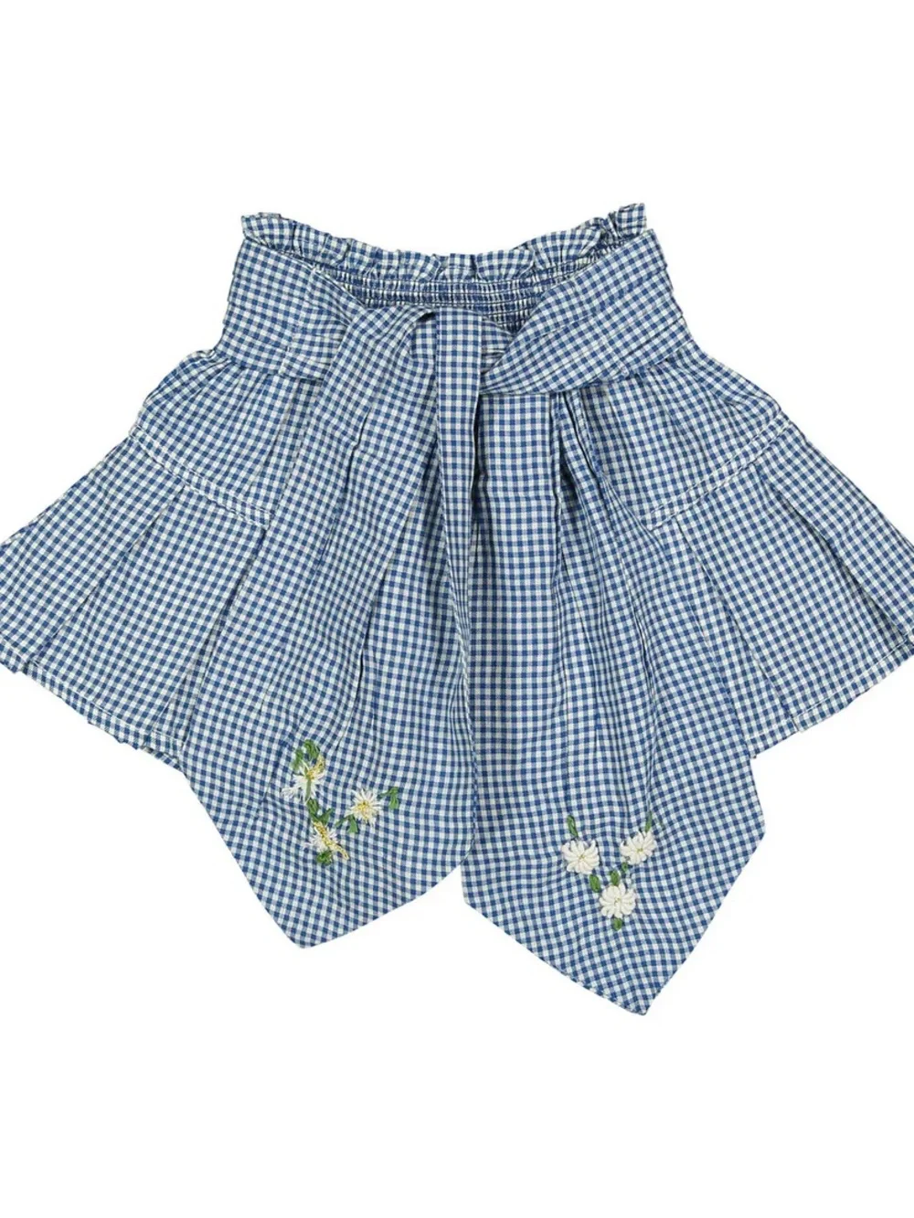 Blue Gingham Tie-Front Skirt with Daisy Embroidery